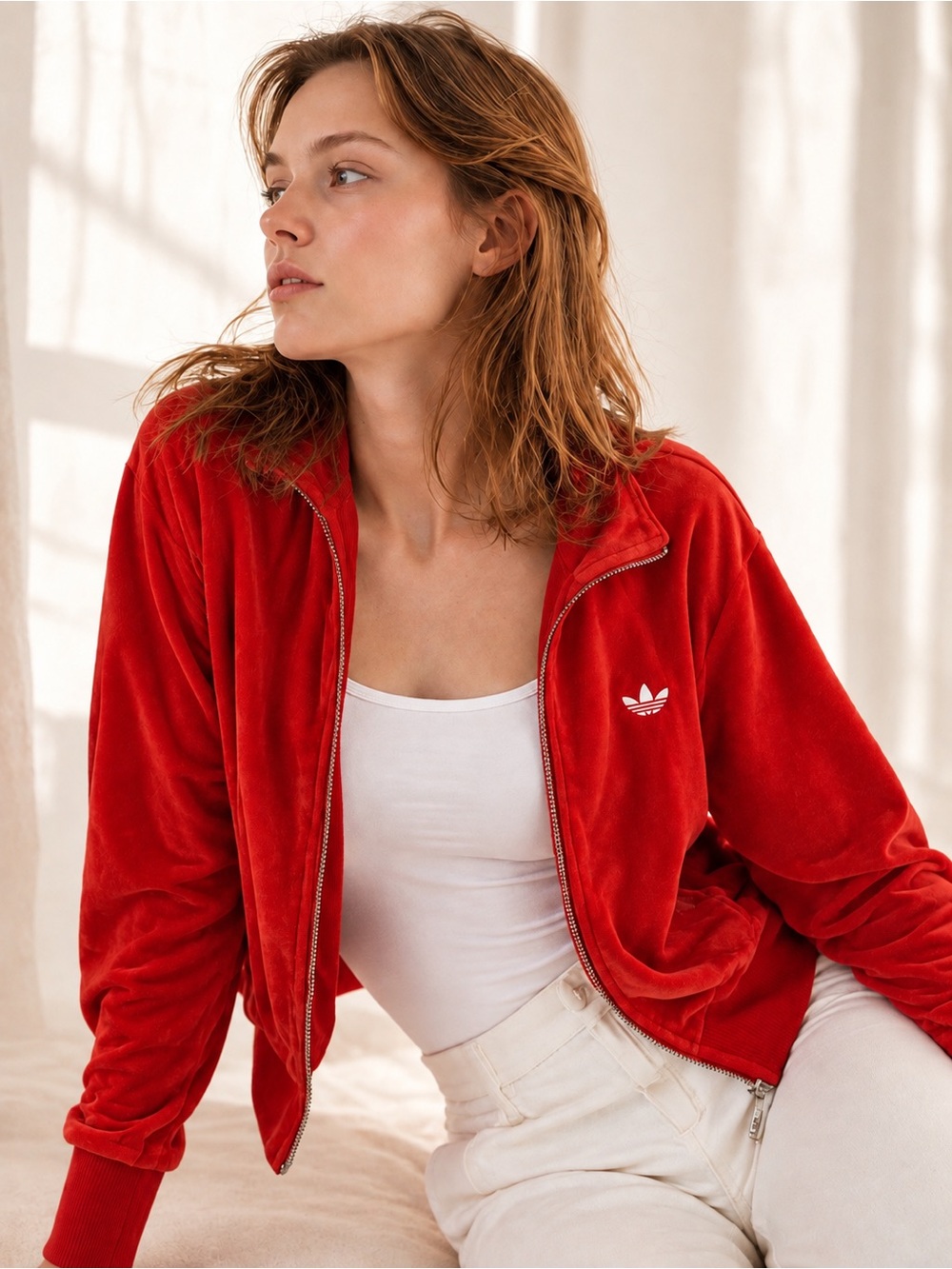Adidas Originals Red Velour Track Jacket Full Zip Trefoil Logo